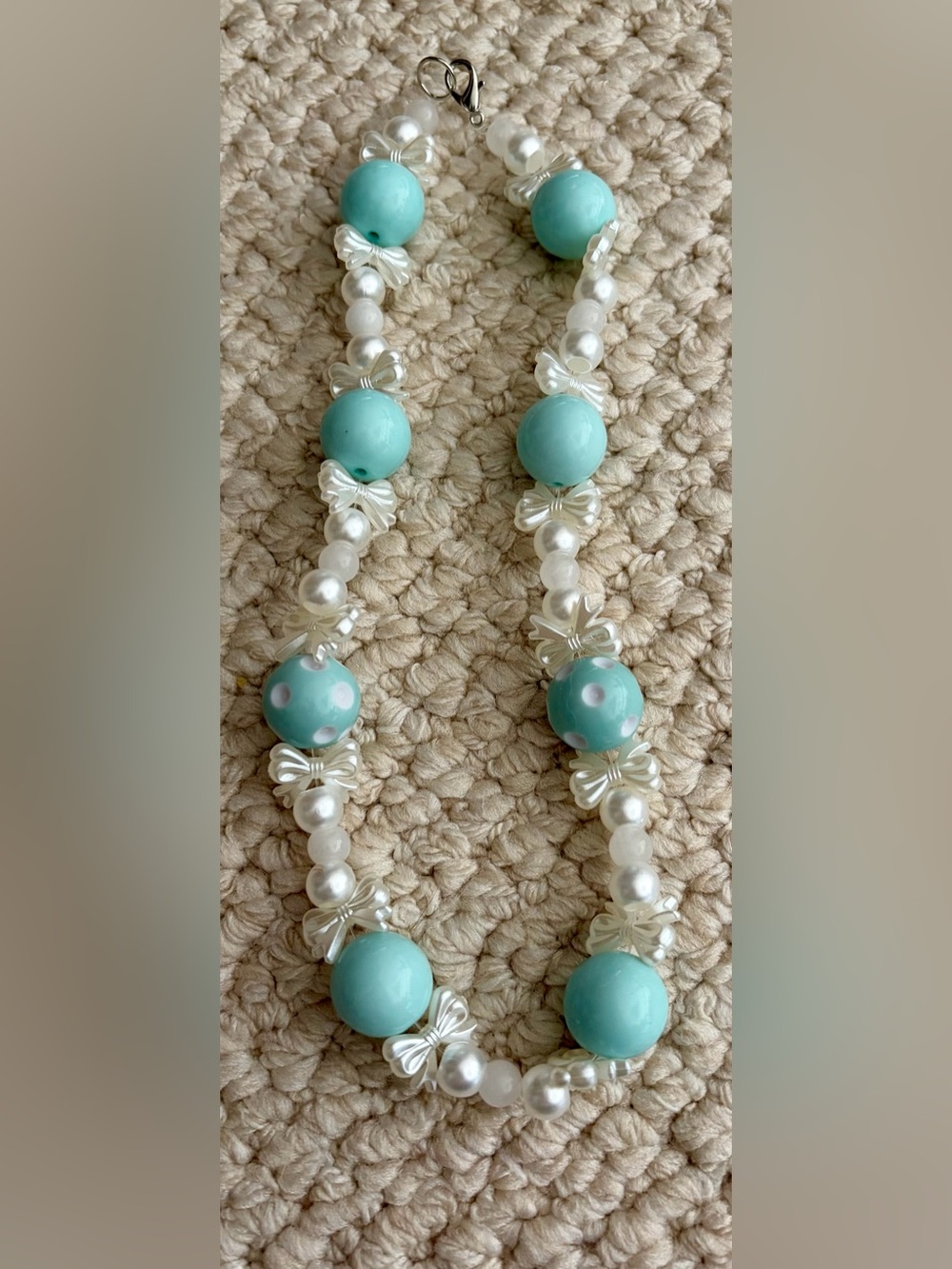 Pearl and Aqua Bead Bow Necklace - Aqua